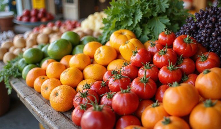 Variedad de frutas y verduras frescas en un mercado