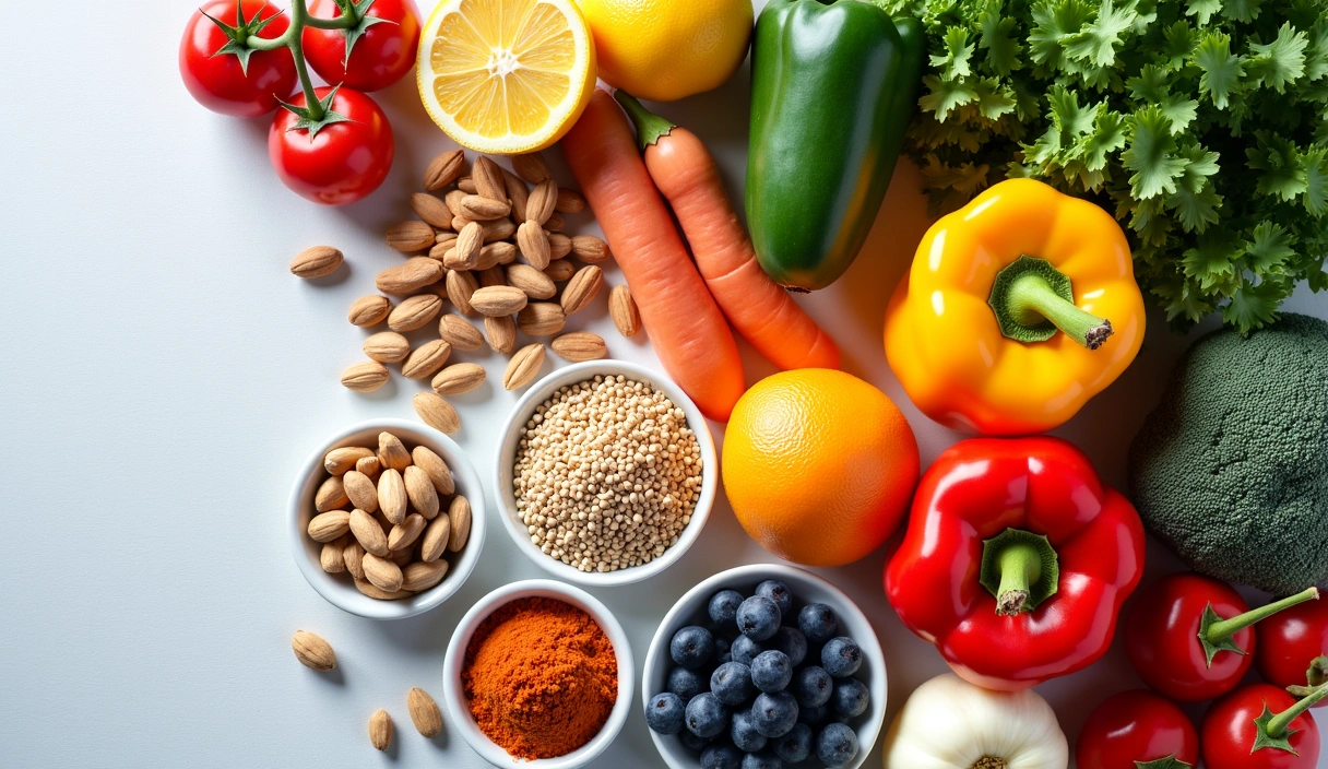 Mesa llena de alimentos frescos y saludables como frutas, verduras, nueces y cereales integrales, con un fondo luminoso y limpio.