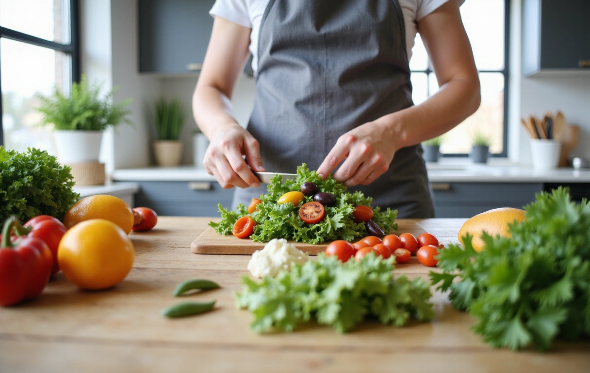 Una persona preparando una ensalada fresca y colorida en una cocina moderna, con ingredientes saludables y luz natural.