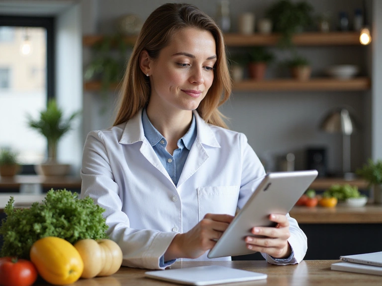 Nutricionista revisando datos nutricionales en una tableta.