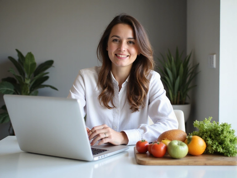 Nutricionista sonriendo mientras trabaja en su escritorio.