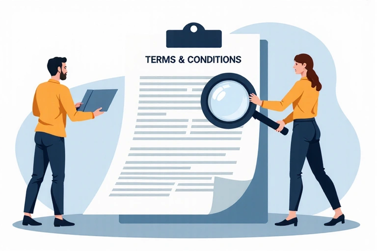 Ilustración de una persona leyendo un documento legal con una lupa.